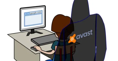 Dessin numérique d'une personne sur son ordinateur avec un espion derrière lui portant le logo Avast