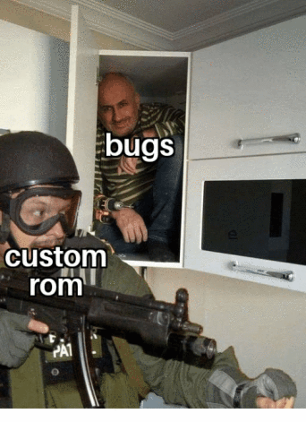 Meme d'un homme caché dans un placard avec un petit sourire et un membre du SWAT qui lui passe devant sans le voir, avec le texte bugs et custom roms