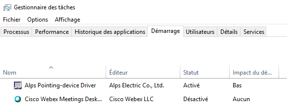 Screenshot de l'onglet Démarrage du Gestionnaire de tâches