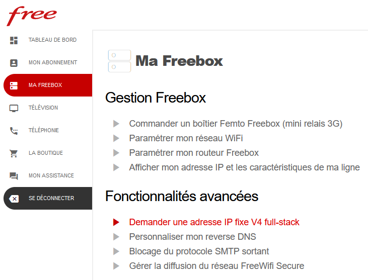 Interface de Free pour demander une IP V4 Full Stack