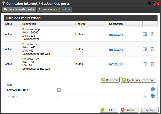 Interface de Freebox OS pour rediriger des ports