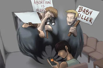 Dessin numérique une femme dans une salle d'attente sur son téléphone, et des fantômes sortent du téléphone avec des pancartes sur lesquelles est écrit : Baby killer, Abortion is murder