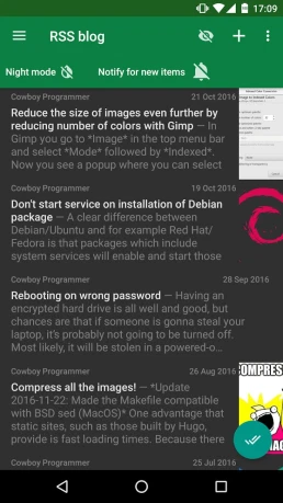 Interface de l'application smartphone Feeder pour lire ses flux RSS
