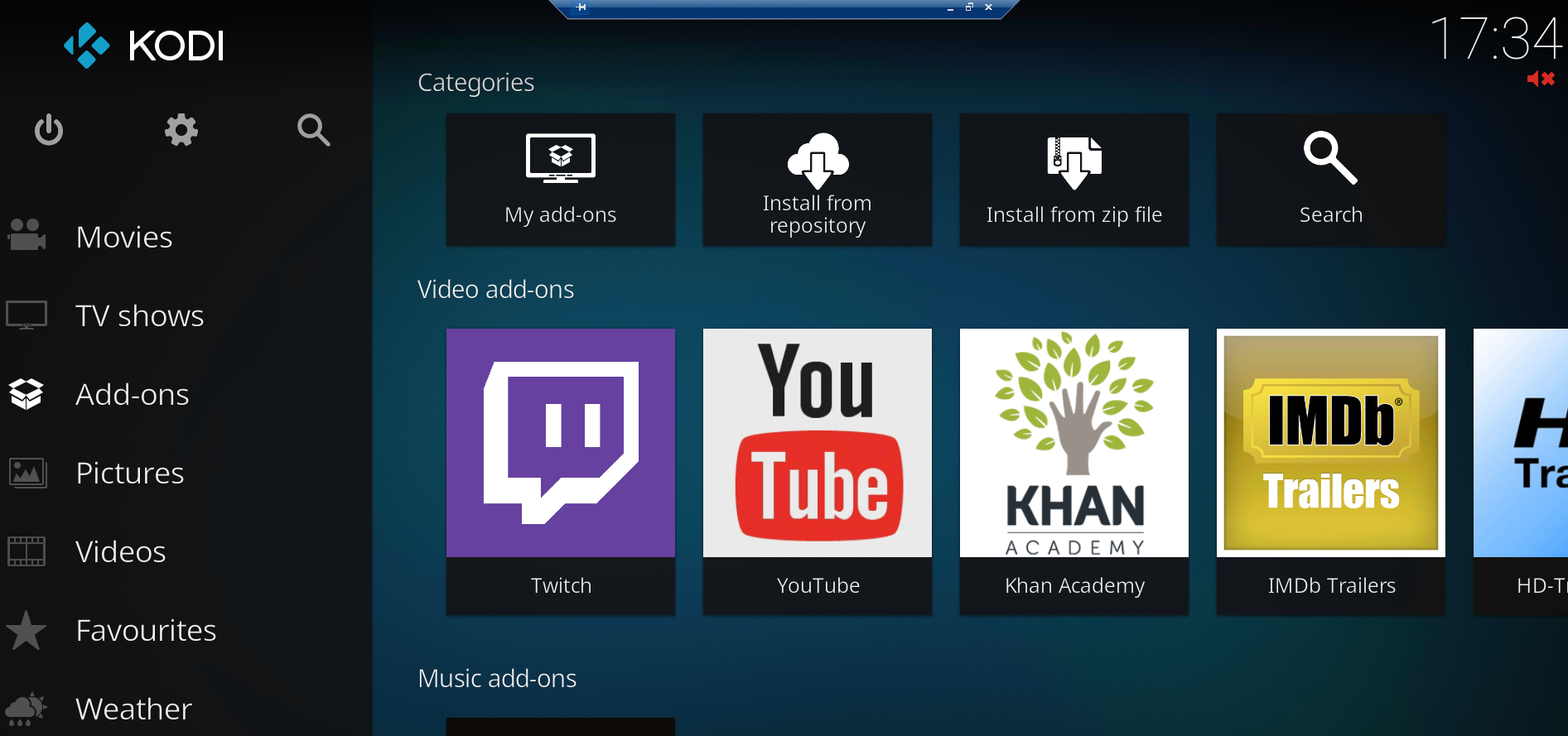 Interface Kodi listant les extensions installées