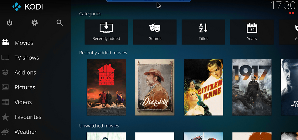 Interface d'accueil Kodi pour les films
