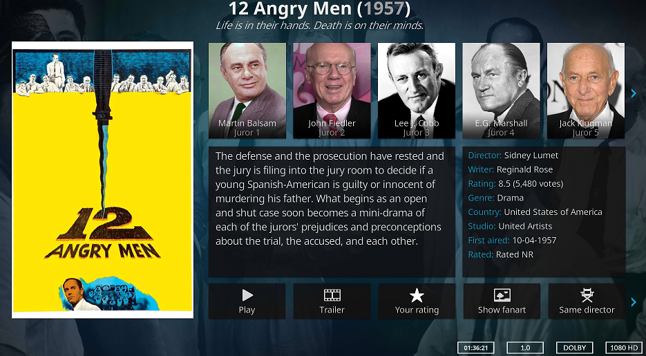 Interface Kodi exposant les informations détaillées d'un film