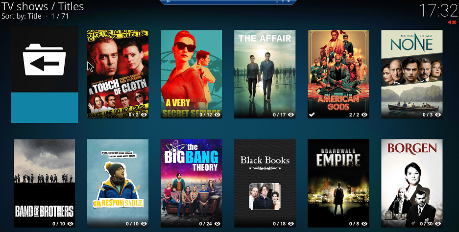 Interface Kodi listant un ensemble de séries télé