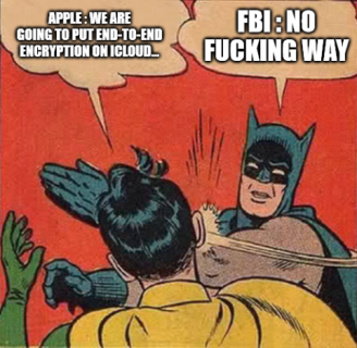 Meme, extrait d'un ancien comics Batman où l'on voit Batman gifler Robin, le texte dans la bulle de Robin est : Apple: we are going to put end-to-end encryption on icloud, le texte dans la bulle de Batman est : FBI: no fucking way