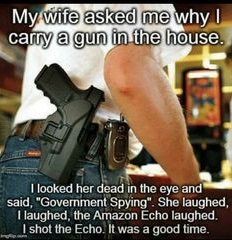 Meme, un homme en intérieur porte une arme à sa ceinture, texte au-dessus : Meme my wife asked me why I carry a gun in the house, texte en-dessous : She laughed, I laughed, the Amazon Echo laughed. I shot the Echo. It was a good time.