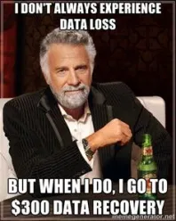Meme l'homme le plus intéressant du monde, le texte est : I don't always experience data loss, but when I do I go to $300 recovery