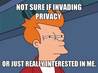 Meme, extrait du dessin animé Futurama où un personnage fronce les yeux, le texte au-dessus est : Not sure if invading privacy, le texte en-dessous est : or just really interested in me.