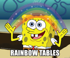 Meme, image de Bob l'éponge en train de faire un arc-en-ciel entre ses mains, le texte est : Rainbow tables