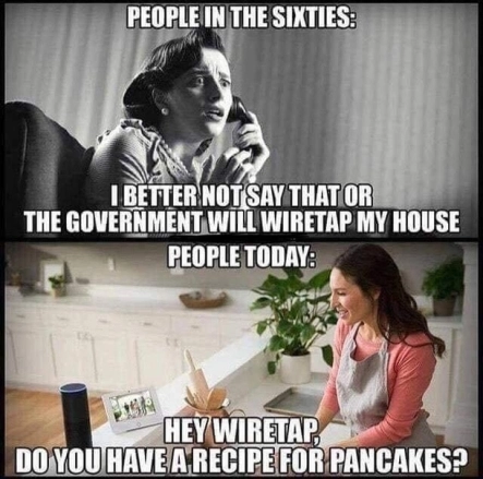 Meme, deux photos superposées, sur celle du haut une personne des années 60 au téléphone avec un air très craintif et le texte : People in the sixties: I better not say that or the government will wiretap my house, sur celle du bas une personne dans la cuisine en train de préparer à manger et de parler à un assistant vocal et le texte : People today: Hey wiretap, do you have a recipe for pancakes?