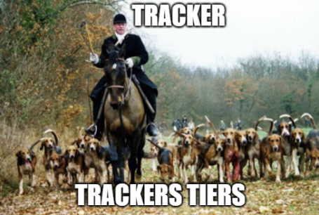 Meme, photo où l'on voit un cavalier de chasse à courre suivi par une horde de chiens de chasses, le texte au-dessus est : tracker, le texte en-dessous est : trackers tiers.
