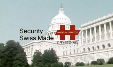 Le capitole américain en photo avec le logo de la société suisse Crypto AG par-dessus