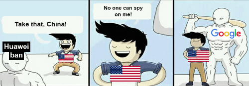 Extrait de BD, un enfant avec le drapeau américain sur son t-shirt repousse un monstre en disant 'Take that China, no one can spy on me' et à côté de lui un autre monstre avec le logo de Google sur le torse