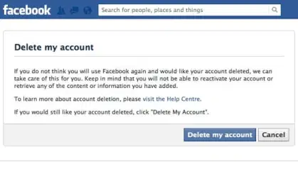 Interface de Facebook qui permet de supprimer son compte