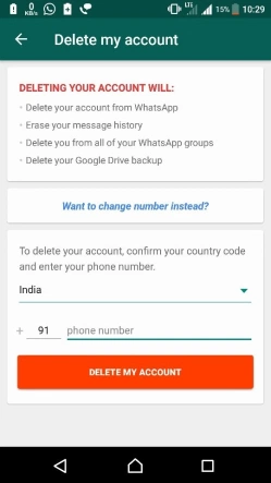 Interface de l'application smartphone whatsapp qui permet de supprimer son compte