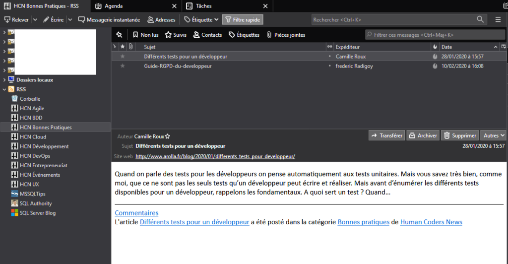Interface de Thunderbird pour lire ses flux RSS